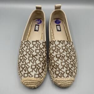DKNY Espadrilles Slip on Logo Loafers Womens Size 8.5 Shoes Jute Khaki Brown